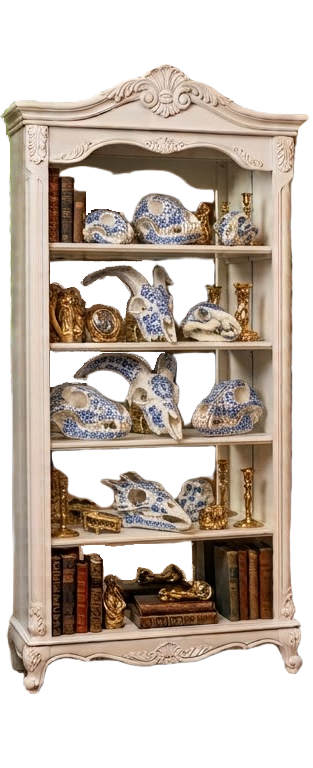 The China Cabinet, Pretty Dead, Bone China, Blue China Skull, Decoupage, Decoupaged bone, Gold Rimmed Skull