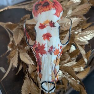 autumn leaves, autumn, red forest, Autumn Skull, Into the Forest, decoupage skull, gold rimmed skull, dark art, bone art