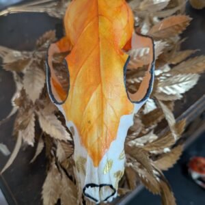 Gold and leaves, Autumn Skull, Into the Forest, decoupage skull, gold rimmed skull, dark art, bone art